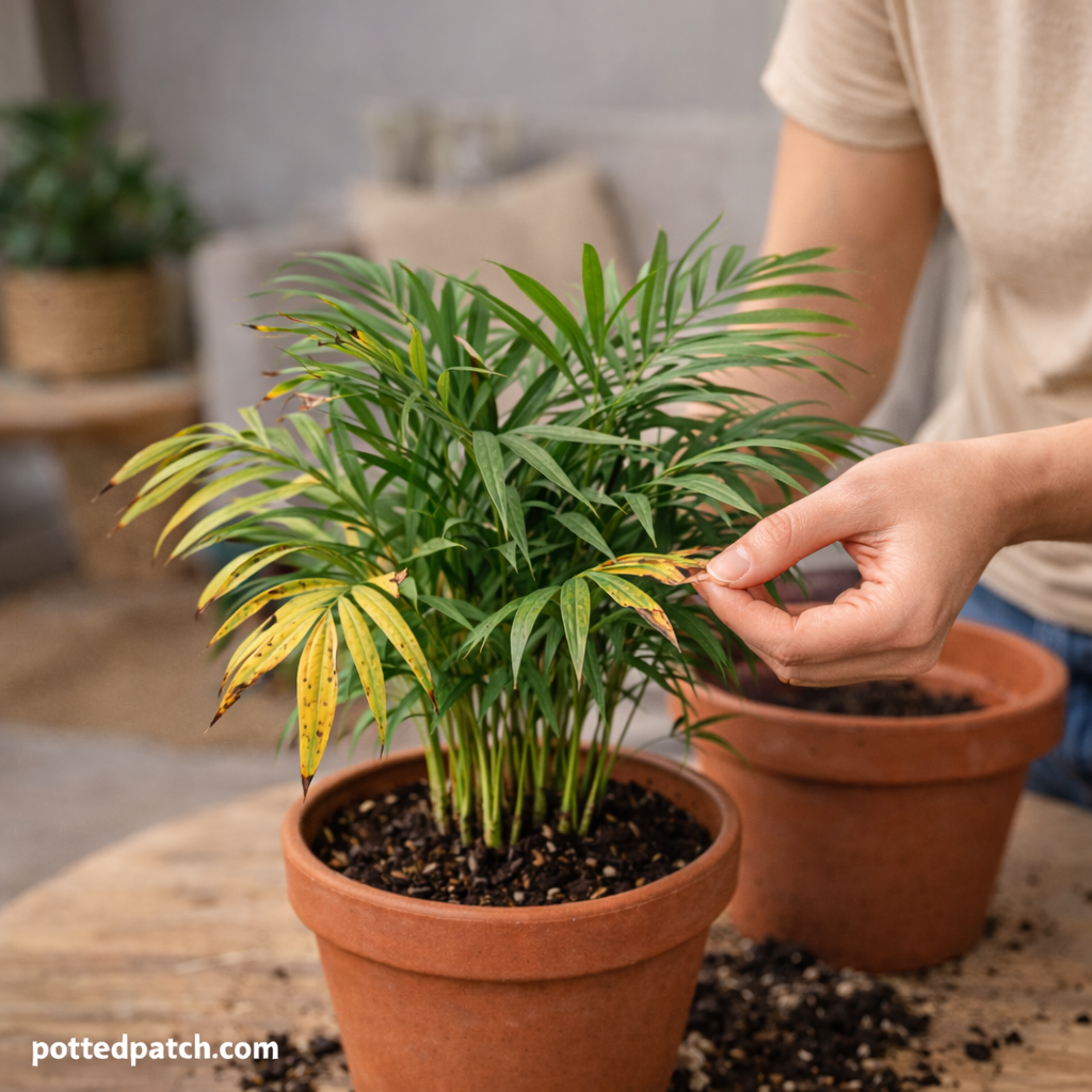 Person examining yellow and brown leaves on a parlor palm in a terracotta pot indoors.