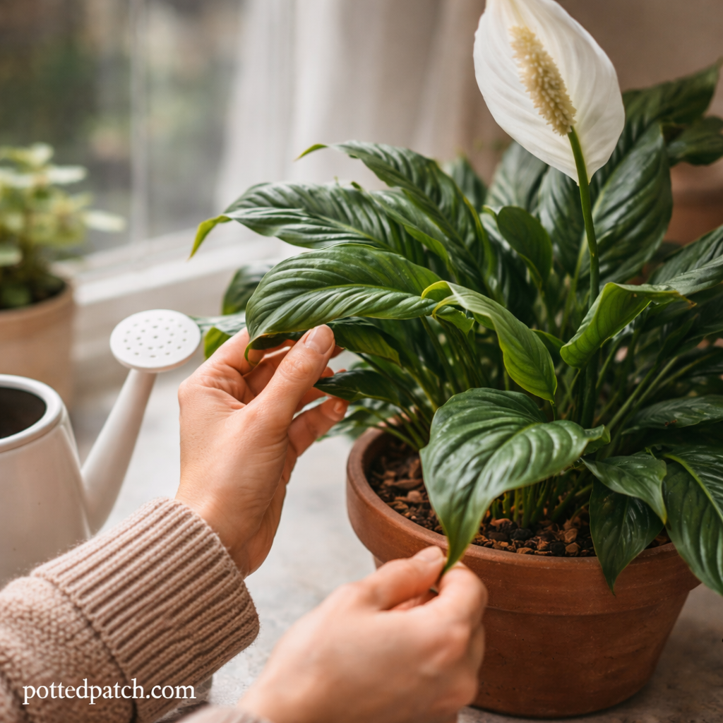 Person gently inspecting curled leaves on a Peace Lily plant indoors near a bright window with pottedpatch.com watermark in the bottom left.