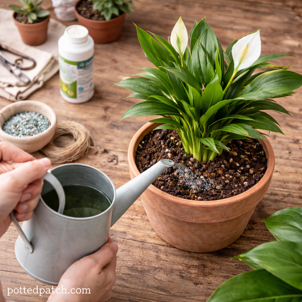 Top-down view of hands watering a peace lily with diluted liquid fertilizer in a watering can.