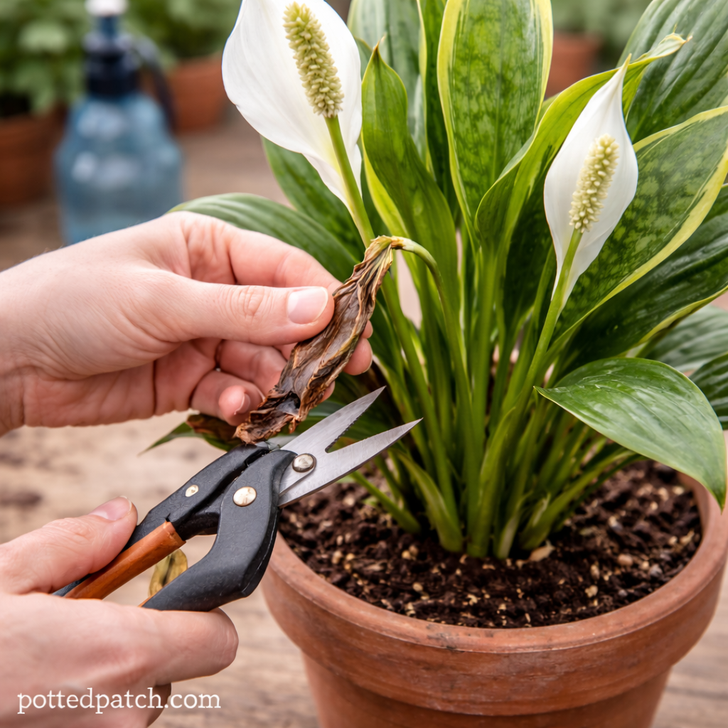 Hands using pruning shears to remove a brown, spent flower stem from a peace lily.