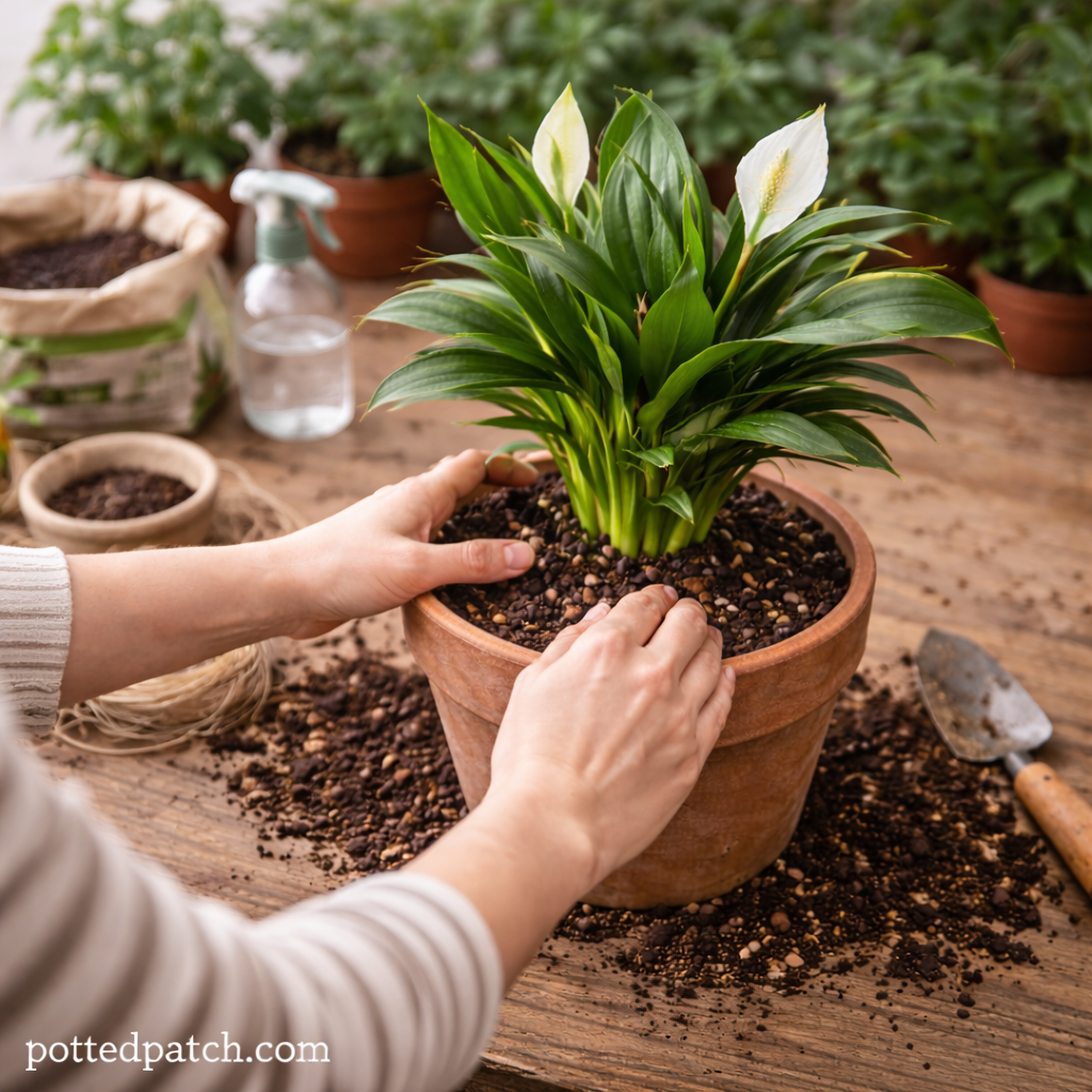 Hands gently pressing fresh soil around a peace lily in a terracotta pot during repotting.
