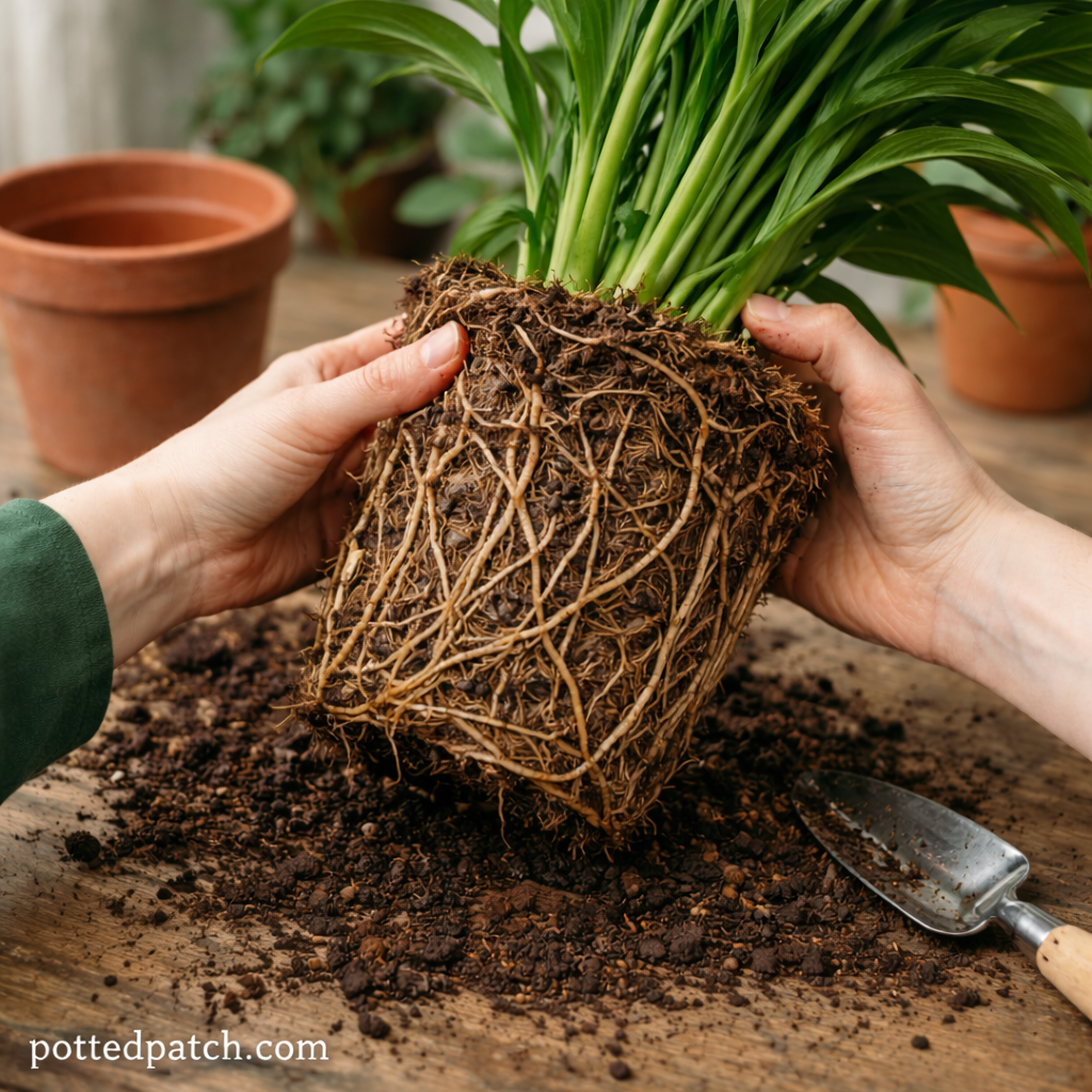 Person gently loosening tightly circling roots of a root bound peace lily during repotting.