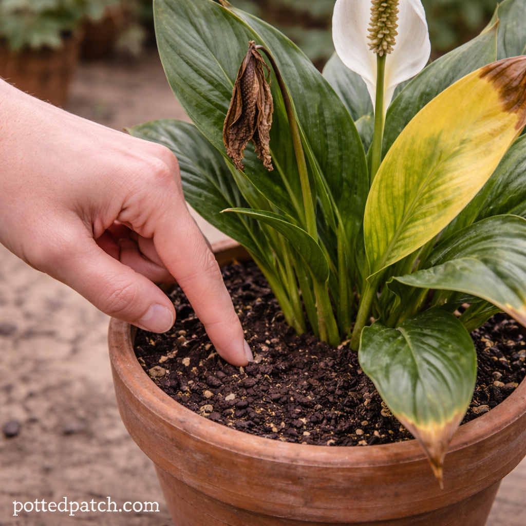 Hand pressing a finger into the soil of a peace lily to check moisture level.