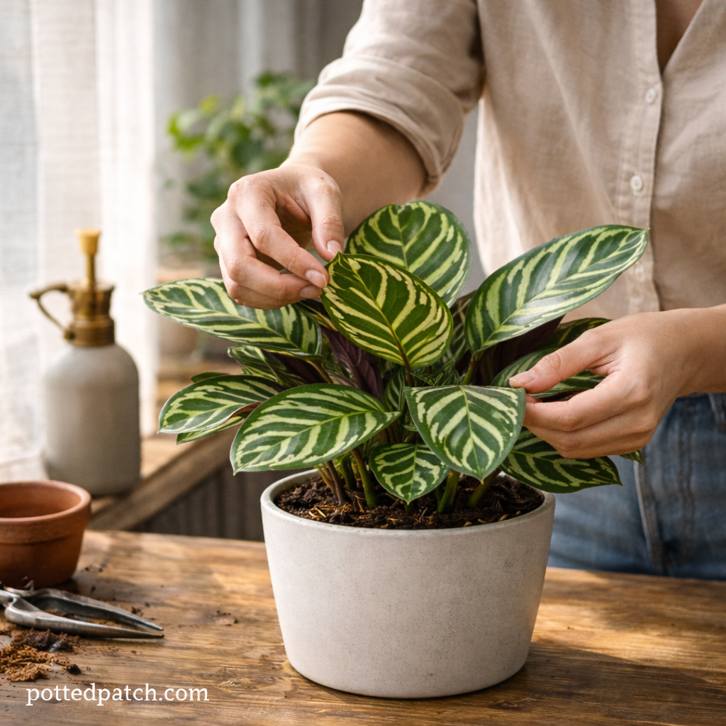Person gently adjusting leaves of a Calathea plant near a bright window indoors.