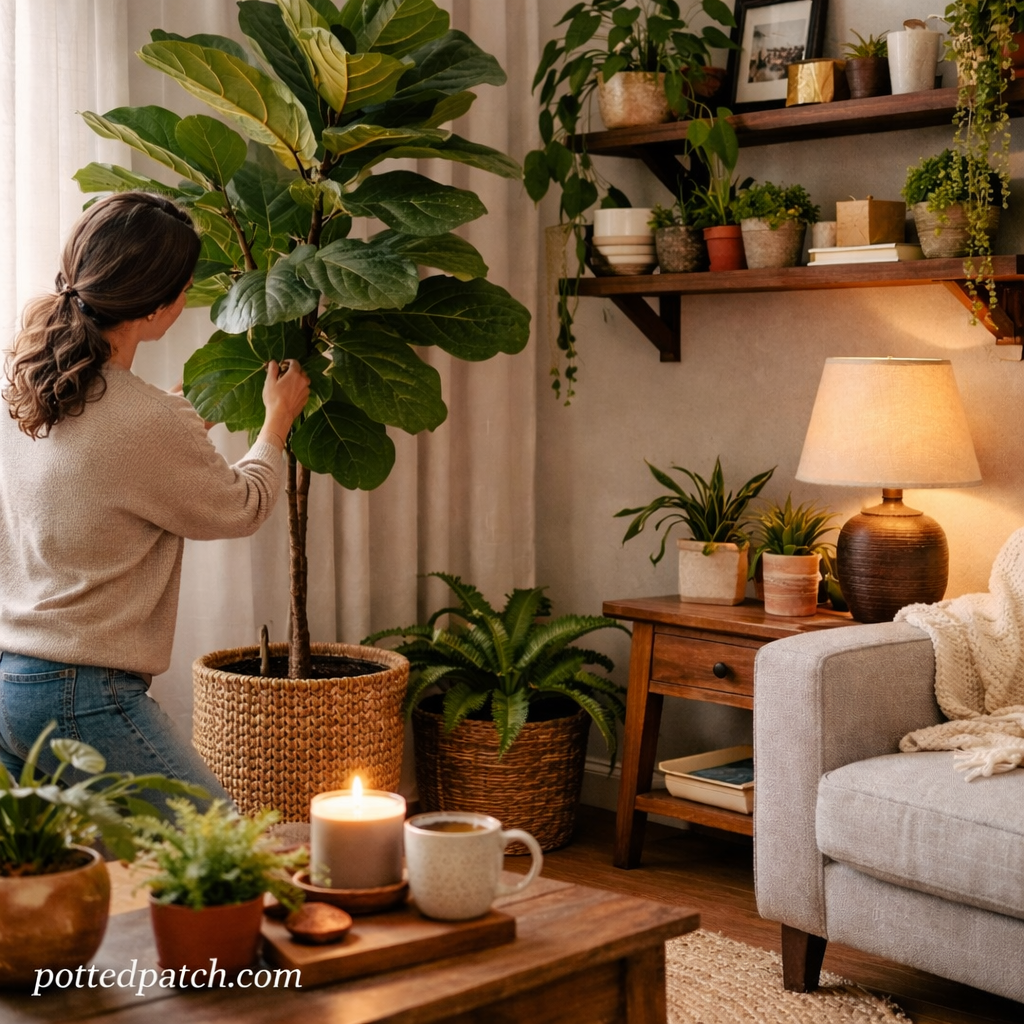 Person adjusting a large indoor plant in a cozy living room corner with warm lighting, shelves, and natural textures.