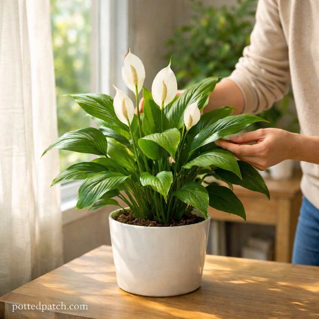 Person adjusting leaves of a healthy peace lily placed near a bright window with indirect sunlight.