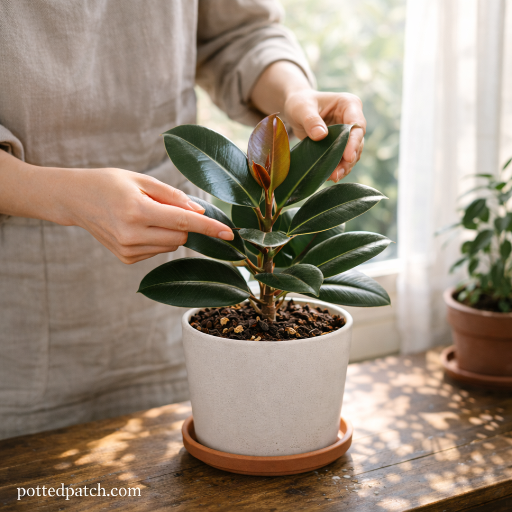 Person adjusting glossy leaves of a rubber plant near a bright window to ensure proper light exposure, with pottedpatch.com watermark.