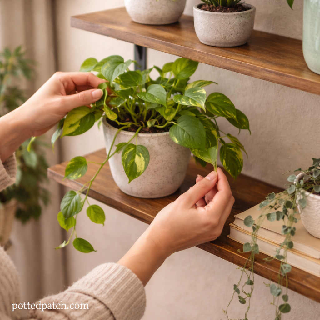Person arranging a pothos plant on a shelf, adjusting trailing vines to fit a small indoor space.