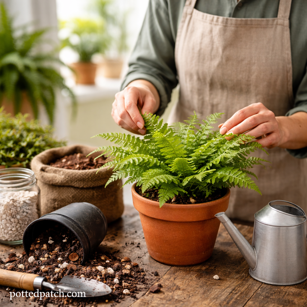 Person gently adjusting and caring for a healthy potted fern indoors with gardening tools nearby.
