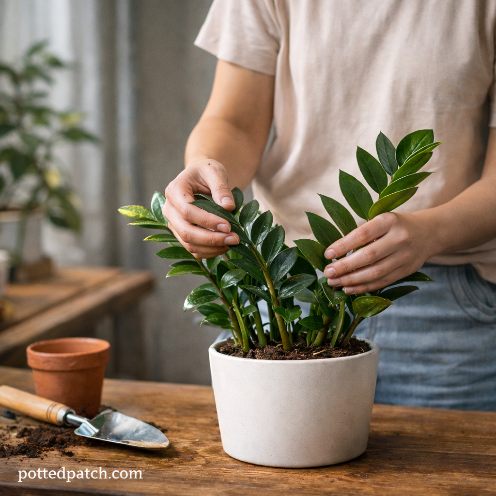 Person gently adjusting leaves of a healthy ZZ plant in a white pot indoors.