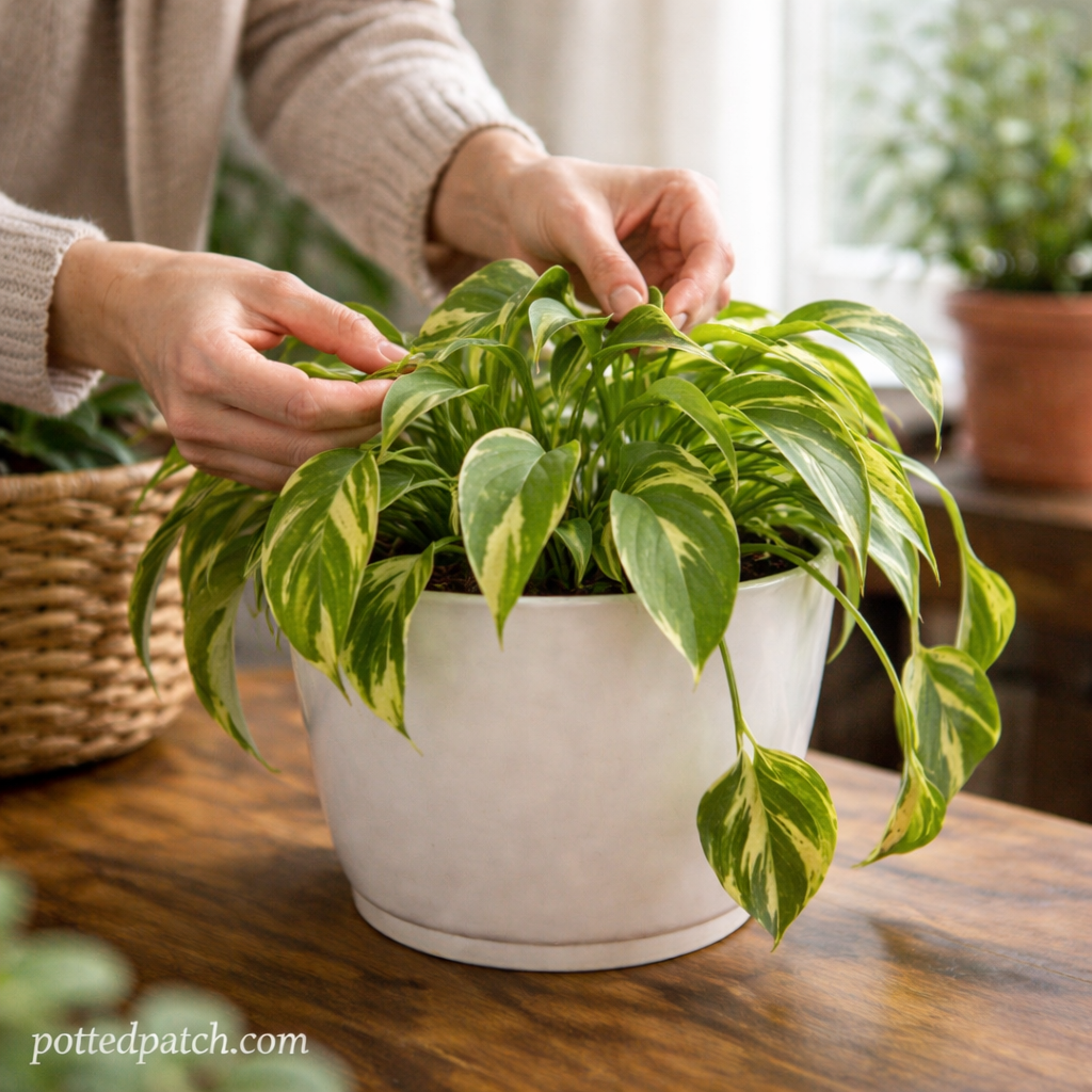 Person gently inspecting drooping pothos leaves in a white pot indoors with pottedpatch.com watermark.