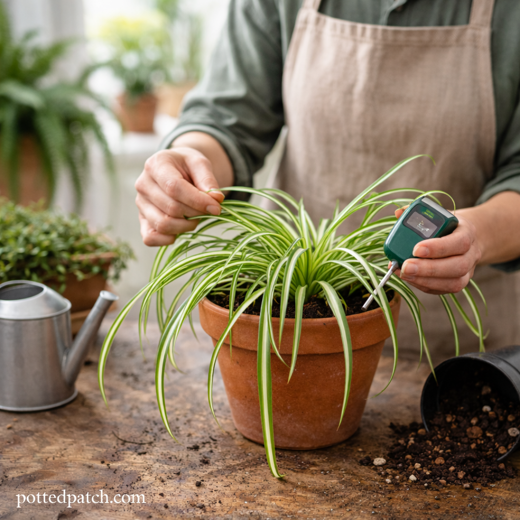 Person checking soil moisture and lifting limp leaves of a drooping spider plant indoors.