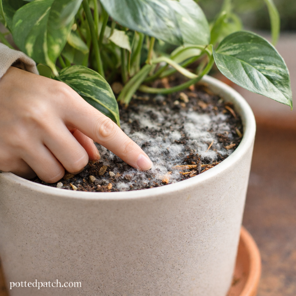 Person touching moldy soil in a pothos plant pot to check moisture levels, with pottedpatch.com watermark.