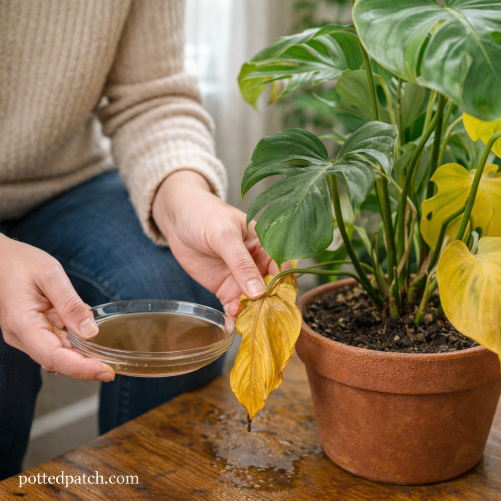 Person inspecting yellowing monstera leaves indoors to identify causes of leaf drop.