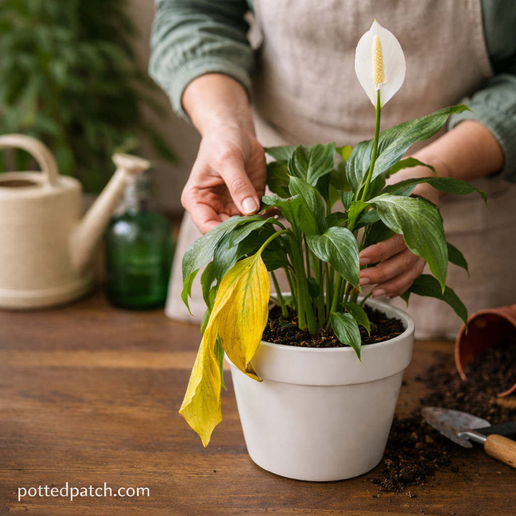 Person inspecting drooping and yellow leaves on a peace lily plant indoors.