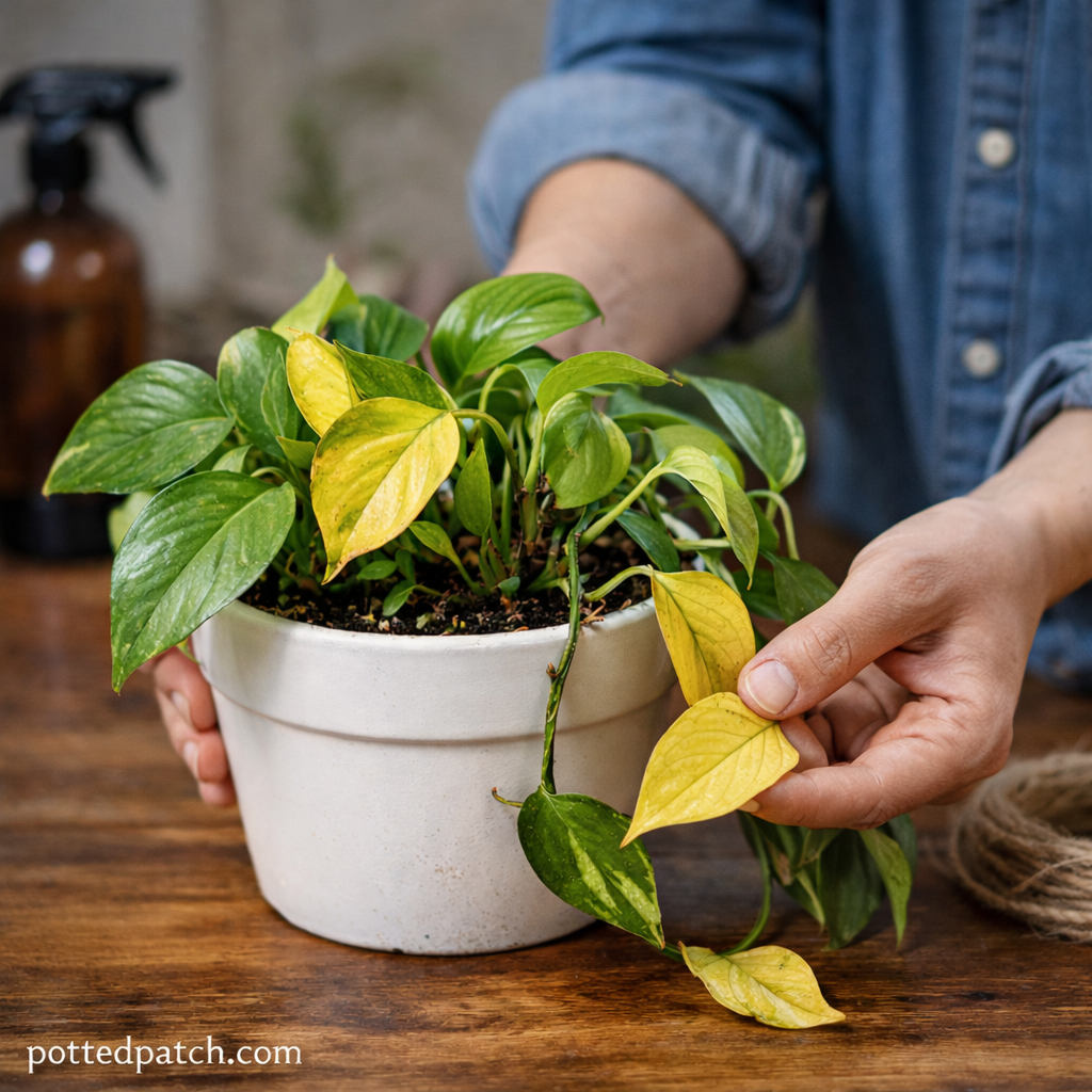 Person inspecting yellowing leaf on pothos plant in white pot indoors.
