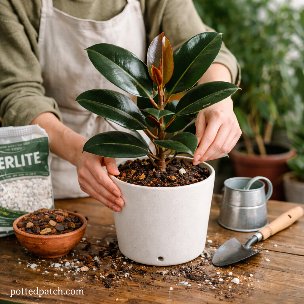 Person checking soil and adjusting potting mix to improve drainage for a rubber plant in a white container, with pottedpatch.com watermark.