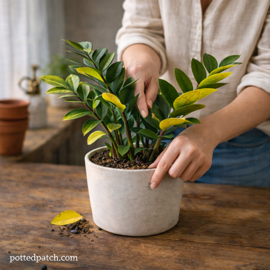 Person checking soil moisture of a ZZ plant in a white pot with yellowing leaves indoors.