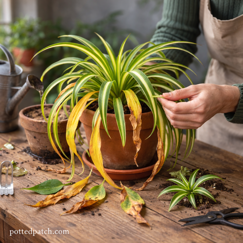 Person inspecting yellowing leaves on a spider plant indoors to diagnose leaf drop issues.
