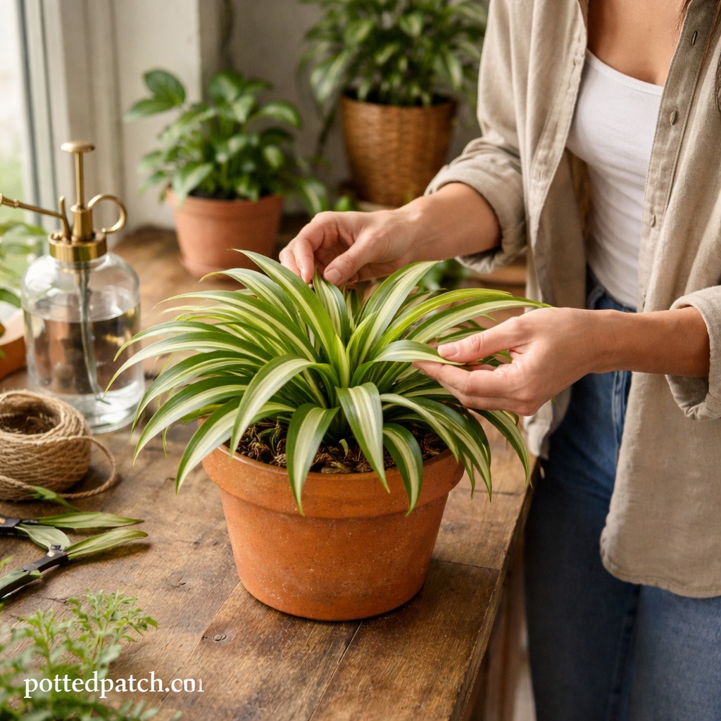 Person gently inspecting the leaves of a healthy spider plant in a terracotta pot indoors with pottedpatch.com watermark.