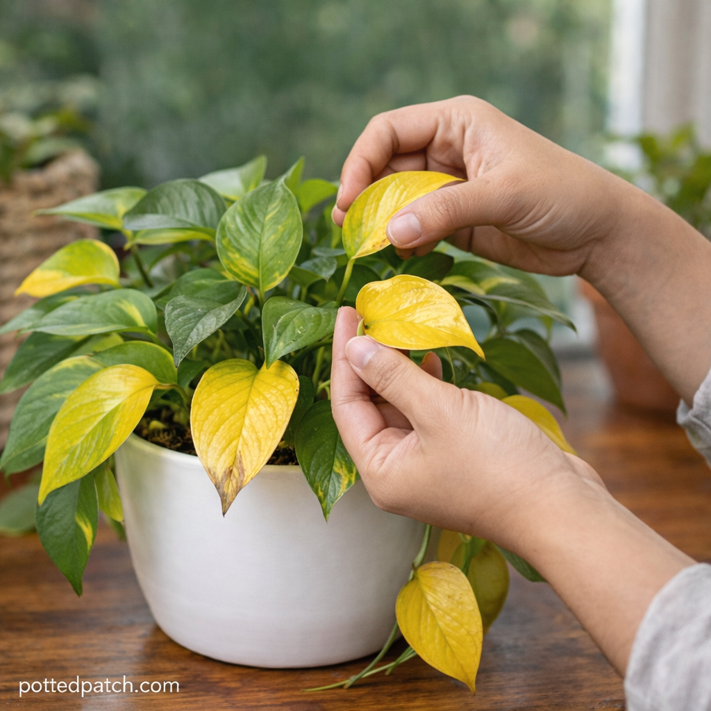 Person gently examining yellow leaves on a potted pothos plant indoors.