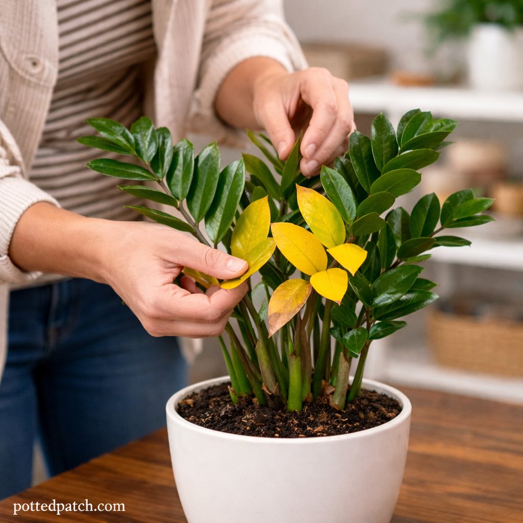 Person gently inspecting yellow leaves on a ZZ plant in a white pot indoors with pottedpatch.com watermark.