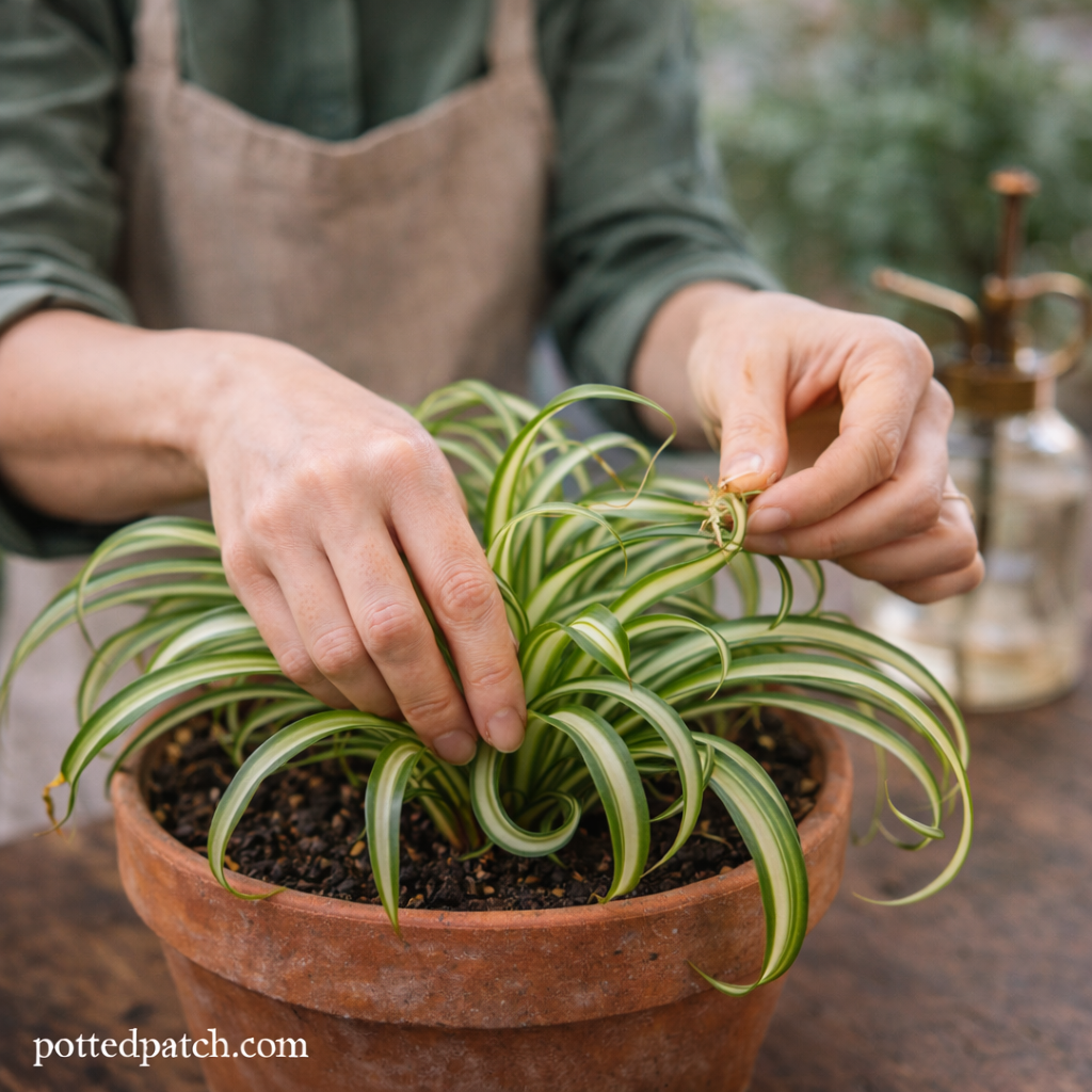 Hands trimming brown tip and checking soil of curled spider plant in terracotta pot indoors.