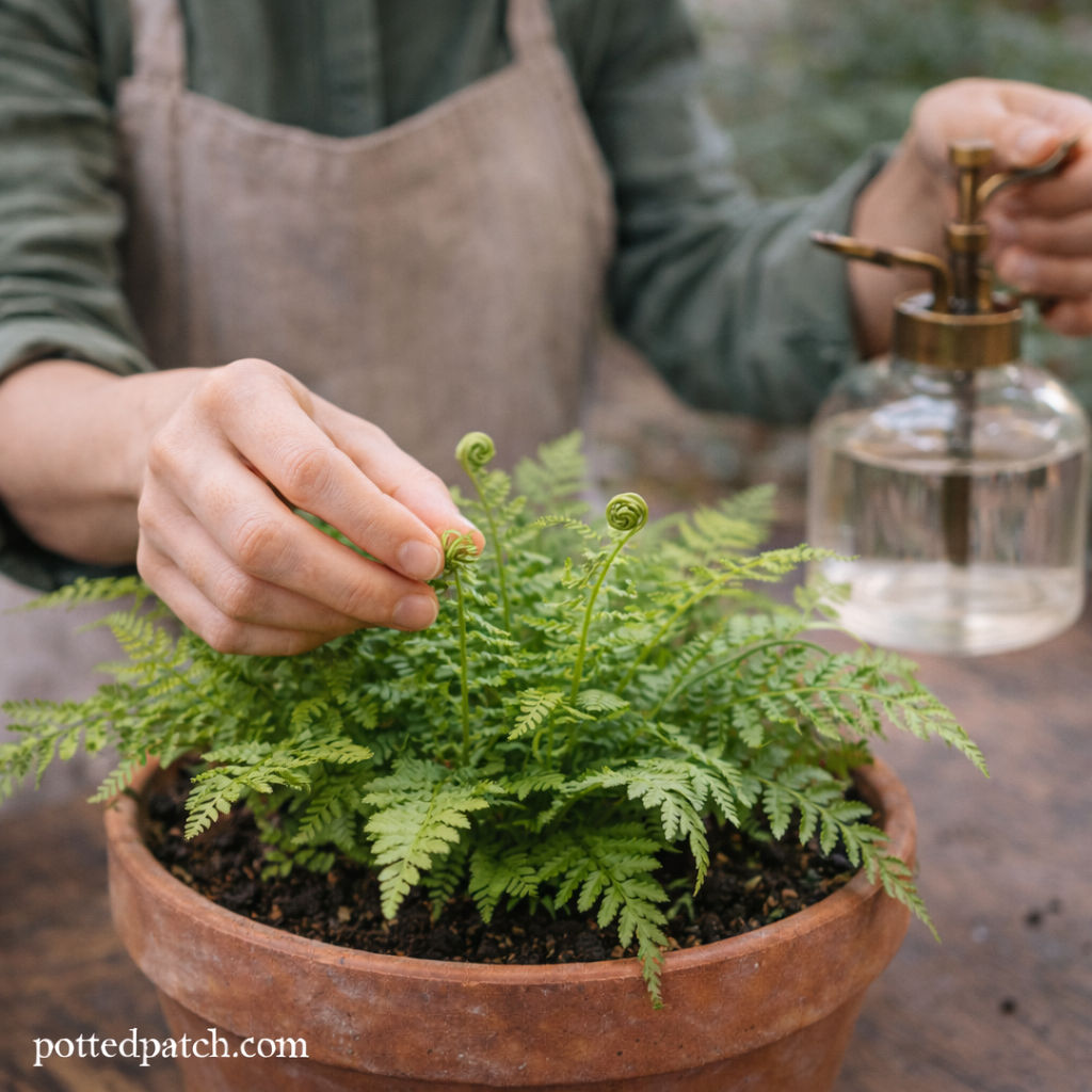 Person gently inspecting new fiddleheads on indoor fern in terracotta pot.