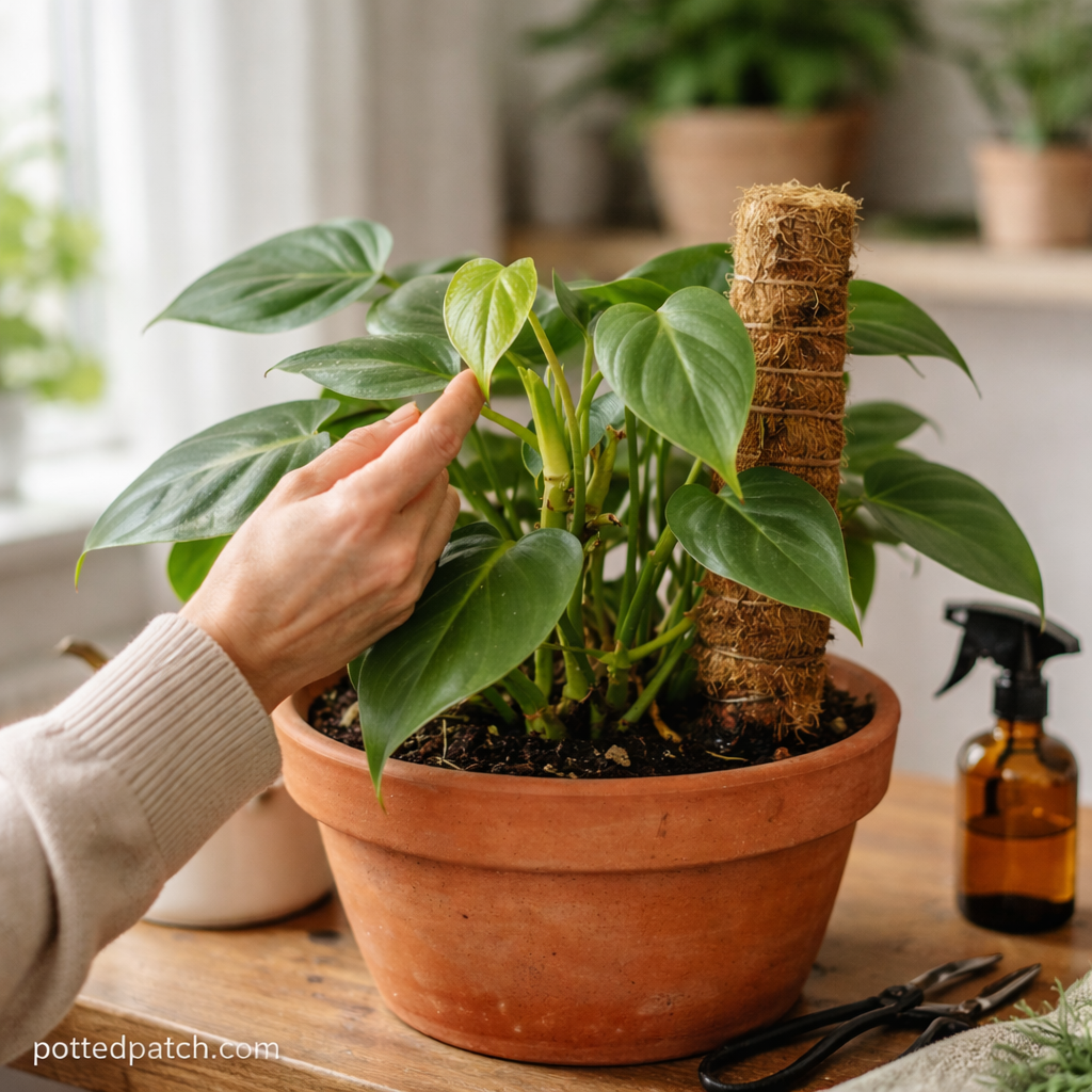 Person gently inspecting new leaf growth on a healthy potted philodendron indoors with natural light and pottedpatch.com watermark.