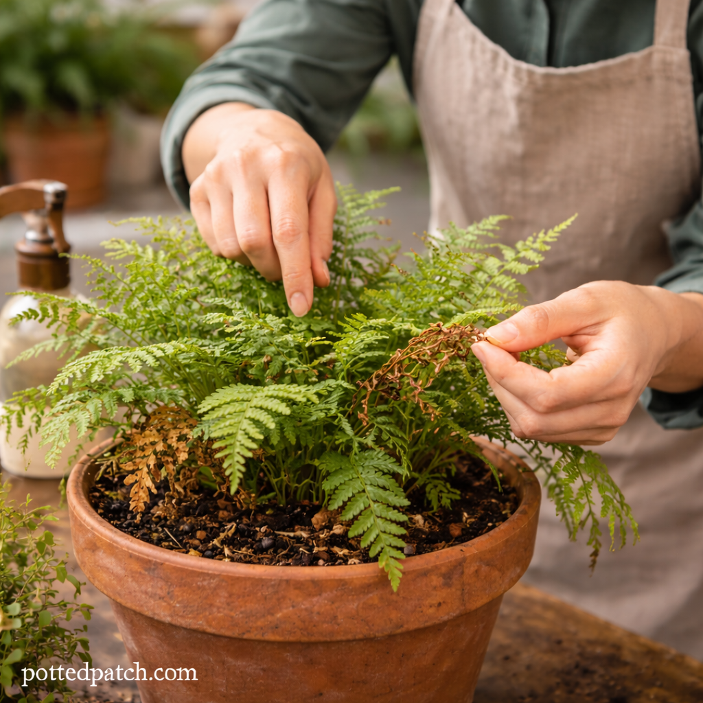 Person removing brown fronds and checking soil of indoor fern in terracotta pot.