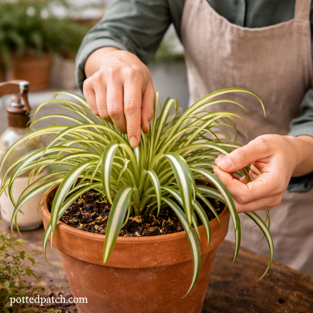 Person examining curled leaves on indoor spider plant in terracotta pot.