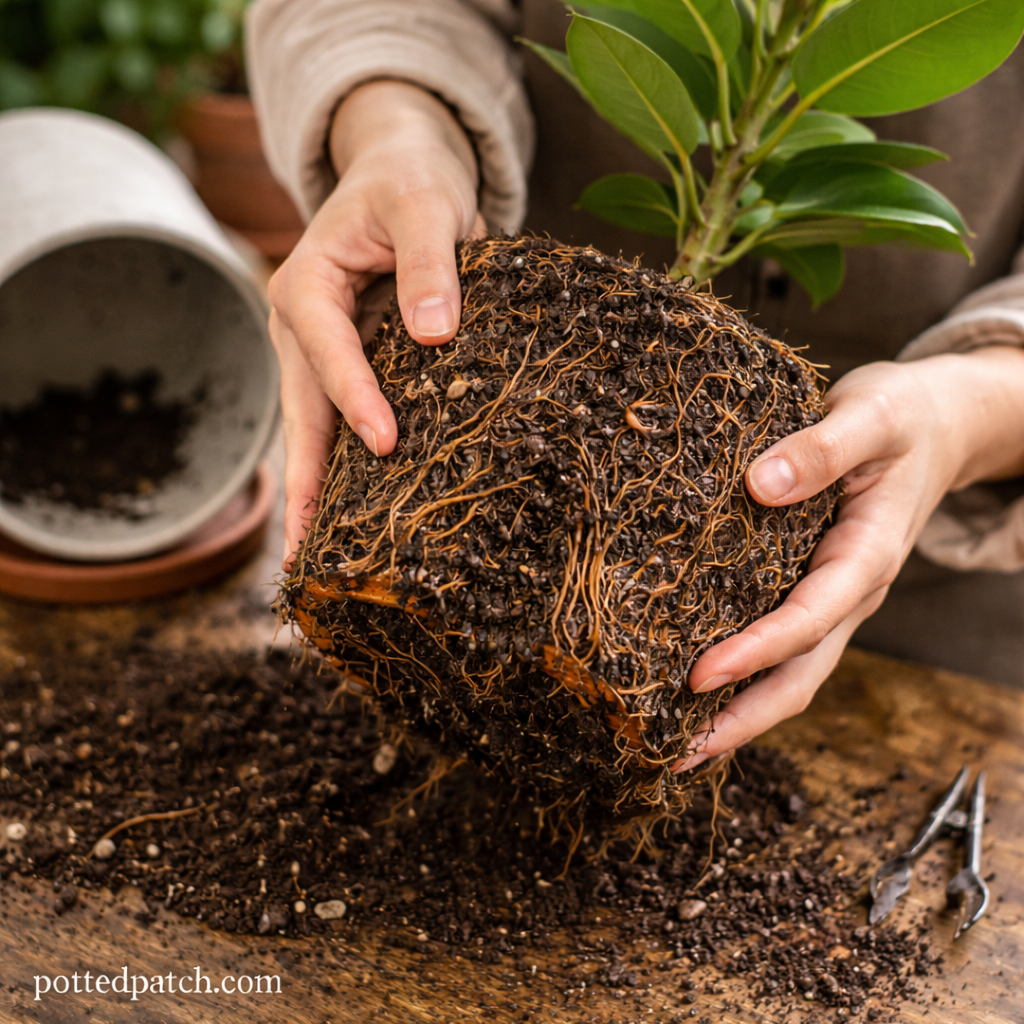 Person gently loosening tightly bound roots of a rubber plant during repotting, with pottedpatch.com watermark.