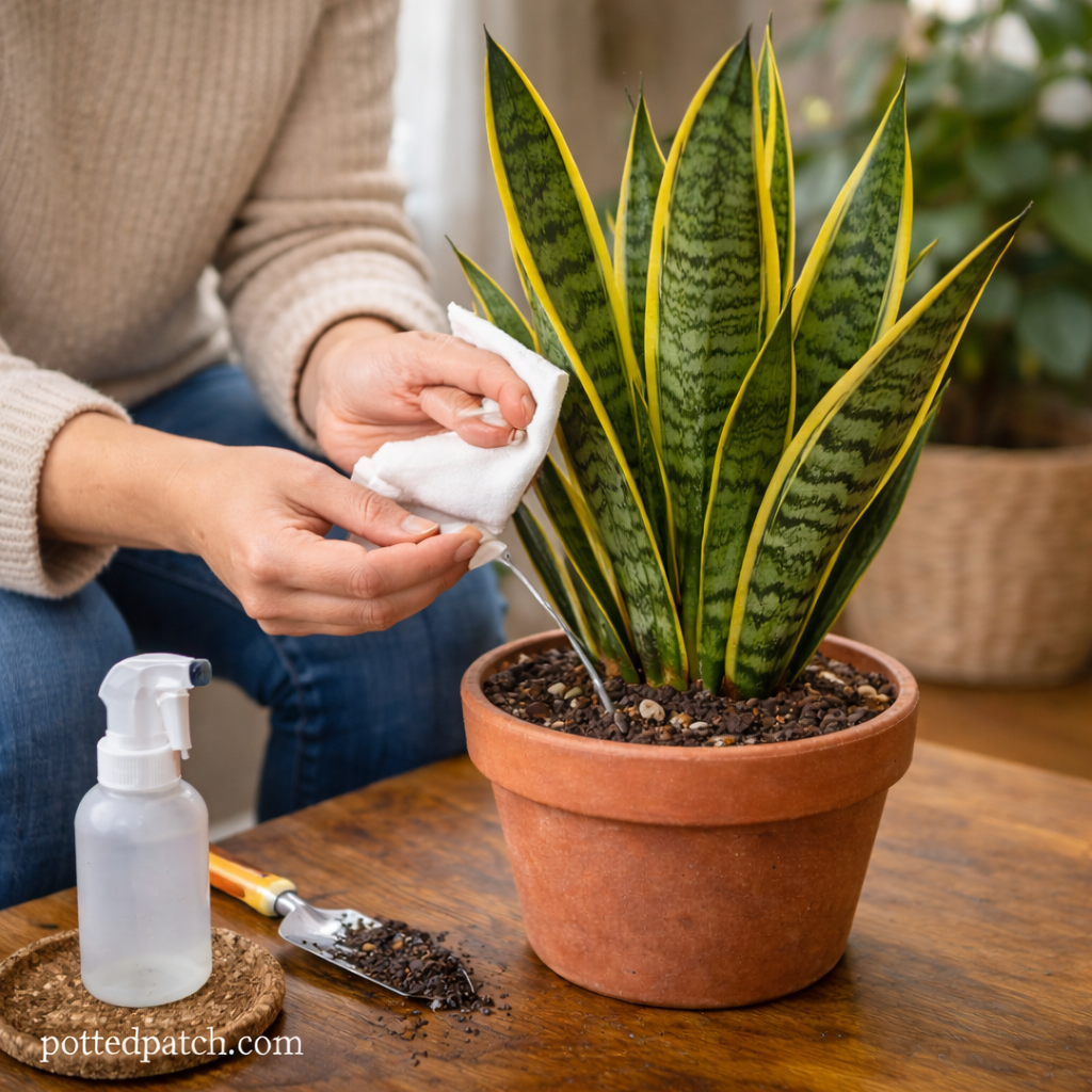 Person maintaining a snake plant by checking soil and adjusting the pot for proper drainage and healthy growth.