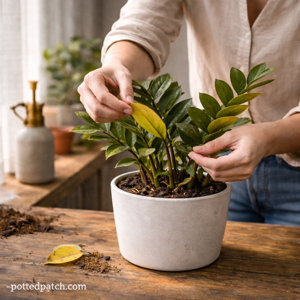 Person gently removing a yellowing leaf from a ZZ plant in a white pot indoors.