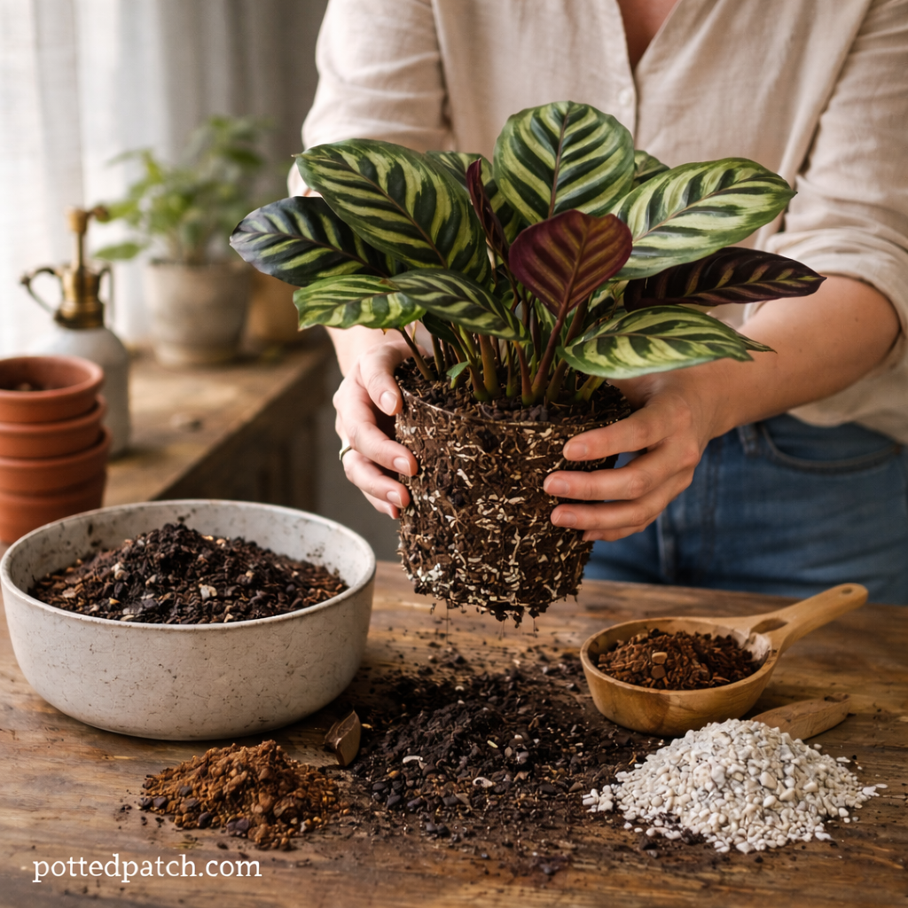 Person repotting a Calathea plant with fresh soil mix and visible roots indoors.