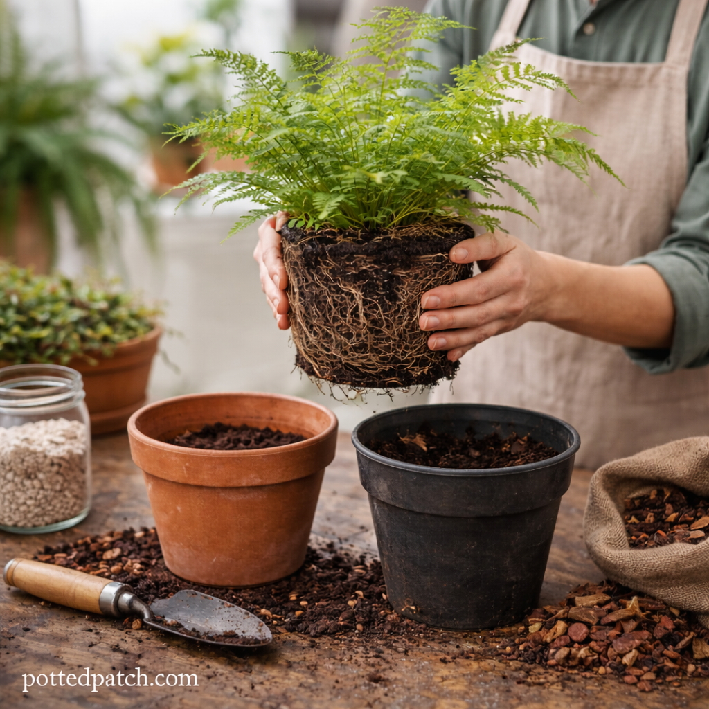 Person holding rootbound fern above new pot while repotting indoors with fresh soil and tools nearby.