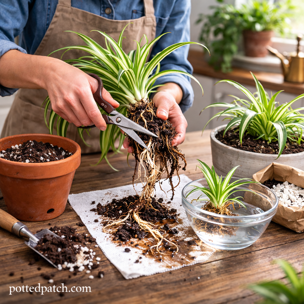 Person trimming damaged roots of spider plant and repotting in fresh soil indoors.