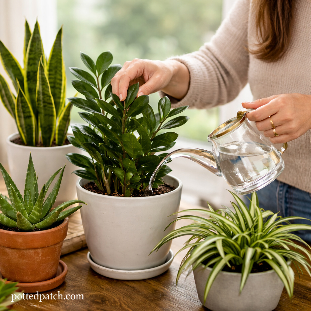Woman watering a ZZ plant in a ceramic pot on a wooden table with snake plant, aloe, and spider plant nearby indoors with pottedpatch.com watermark.