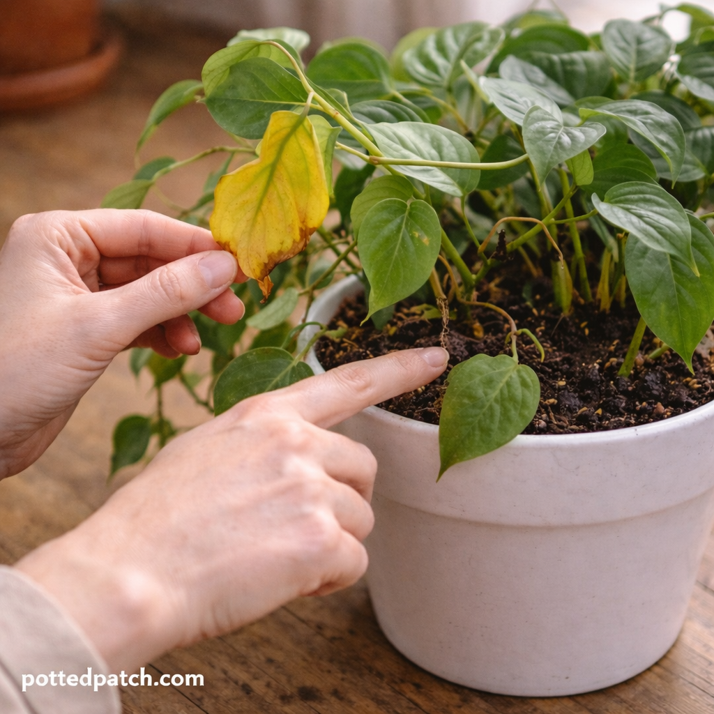Person checking yellowing philodendron leaf and soil moisture in a white pot with pottedpatch.com watermark.