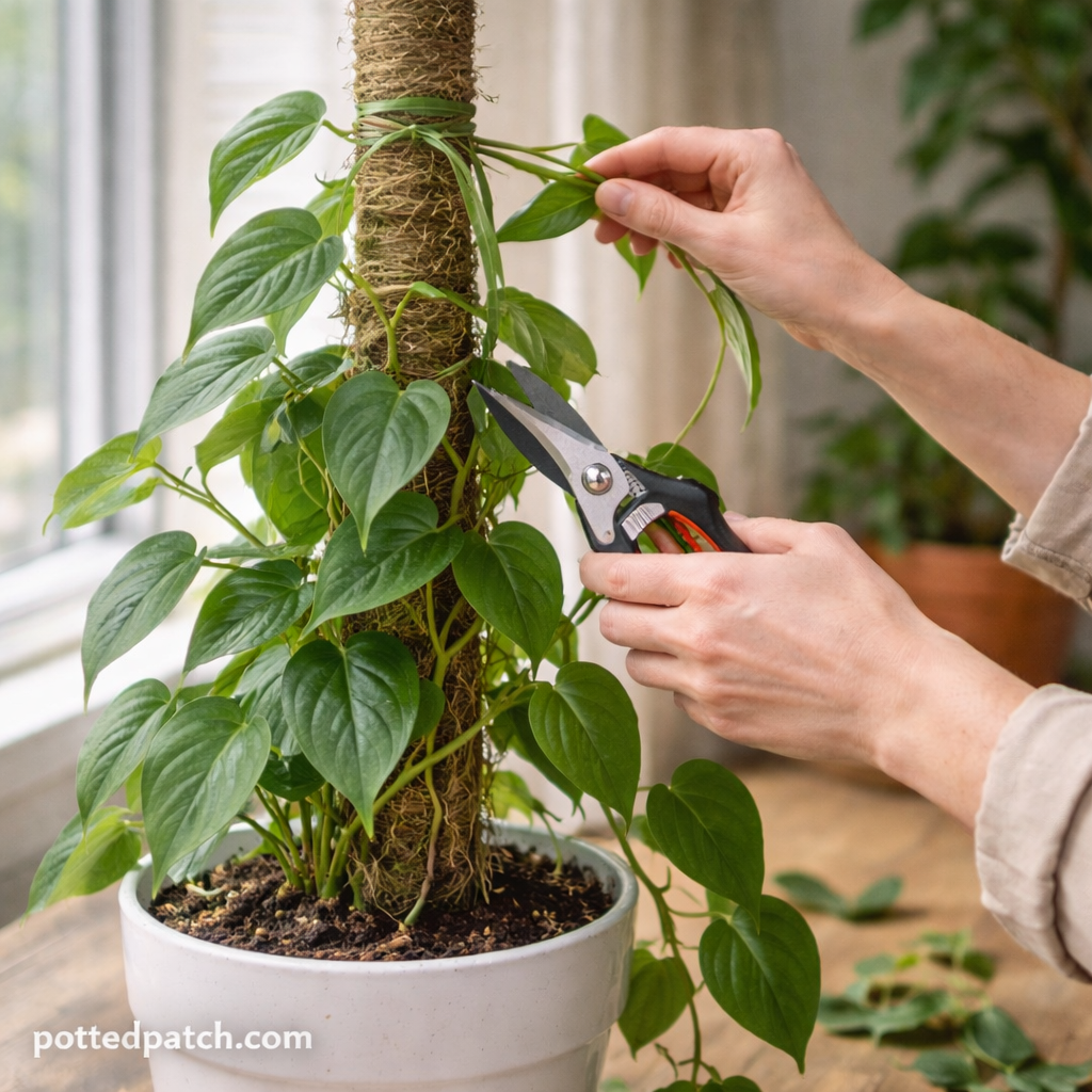 Person pruning and training a climbing philodendron on a moss pole near a bright window with pottedpatch.com watermark.