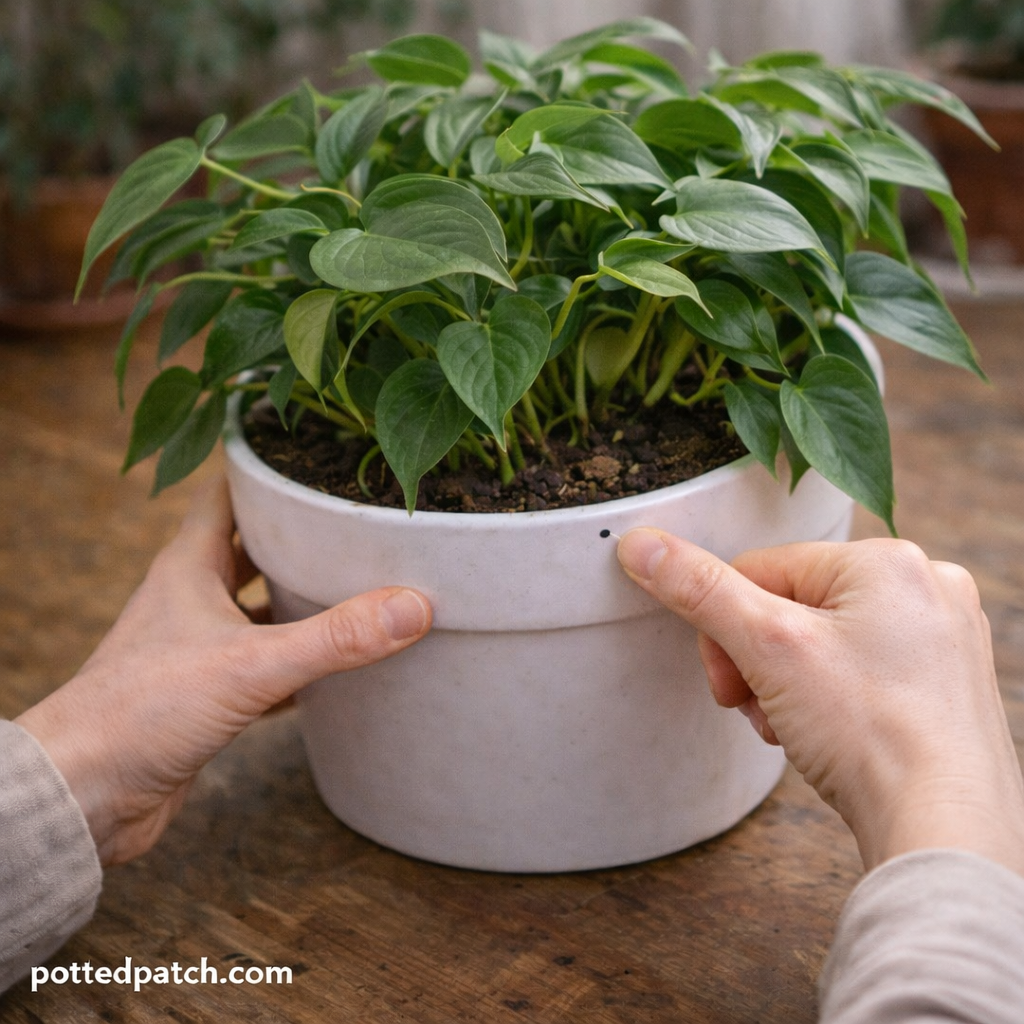 Person marking a small dot on a philodendron pot rim to track quarter-turn rotation with pottedpatch.com watermark.
