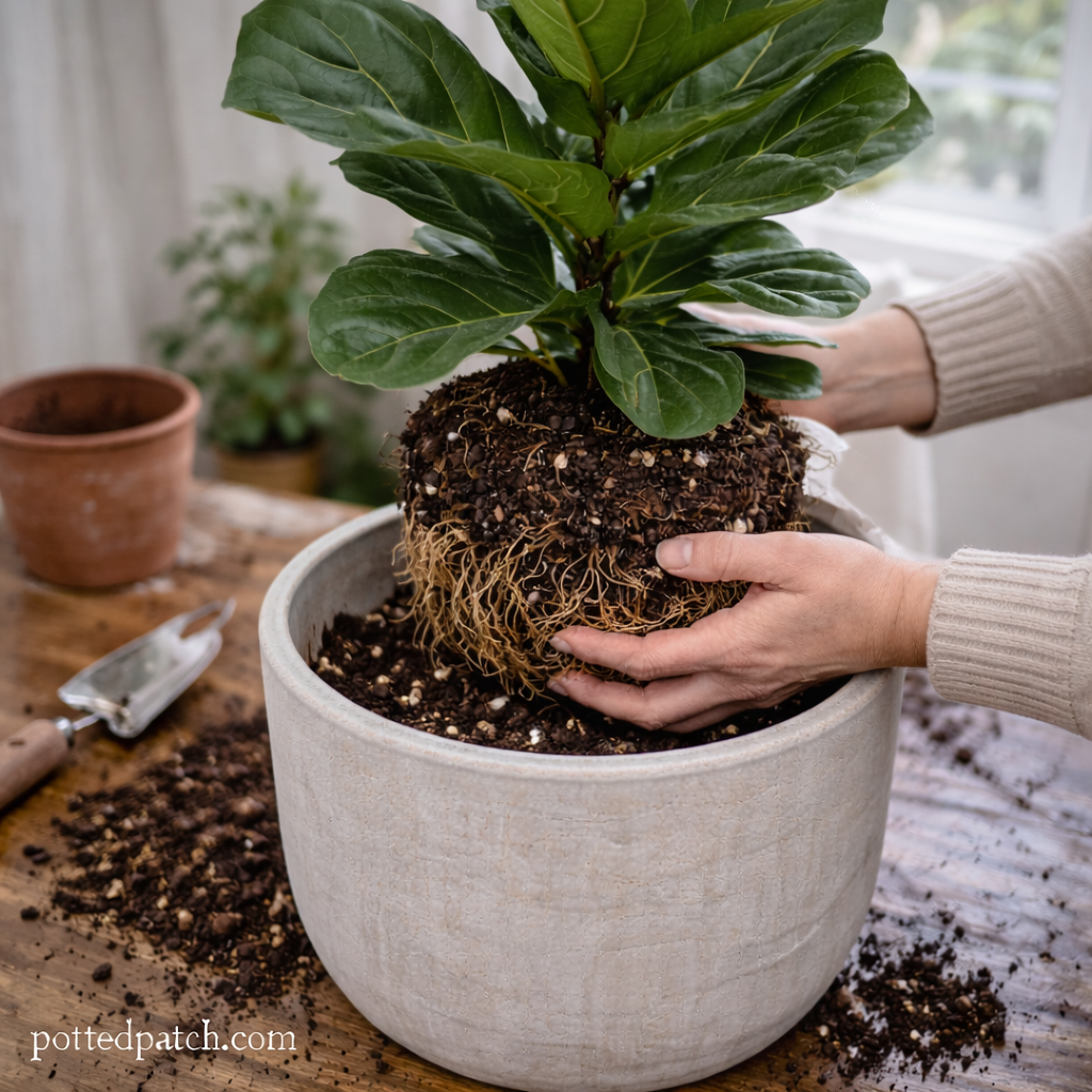 Person placing a fiddle leaf fig into a new larger pot during repotting with pottedpatch.com watermark.