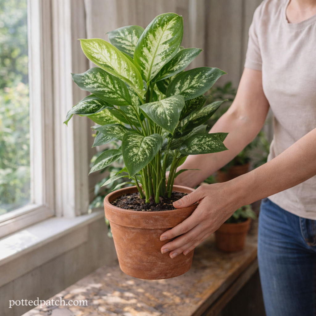 Person moving a houseplant closer to a window to adjust light levels inside the home.