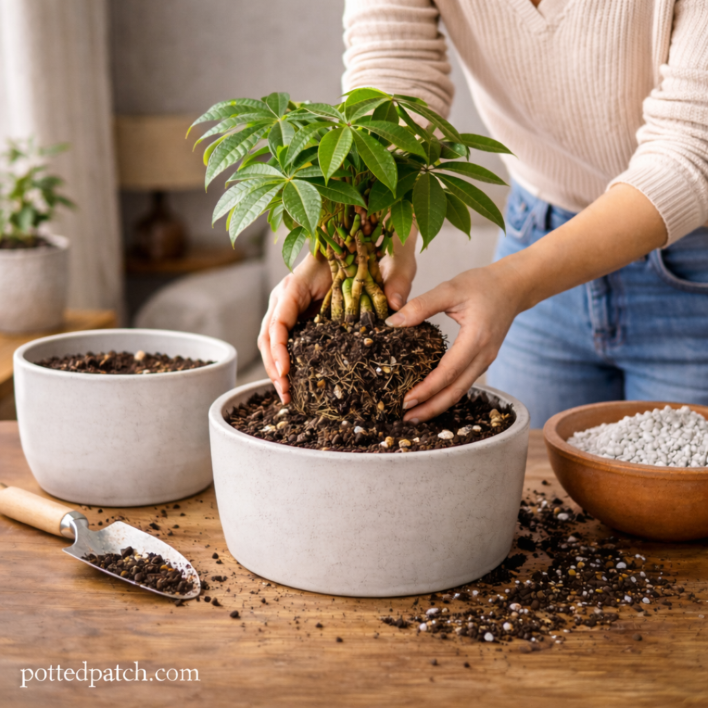 Person placing money tree (Pachira aquatica) root ball into larger pot with fresh potting soil indoors.