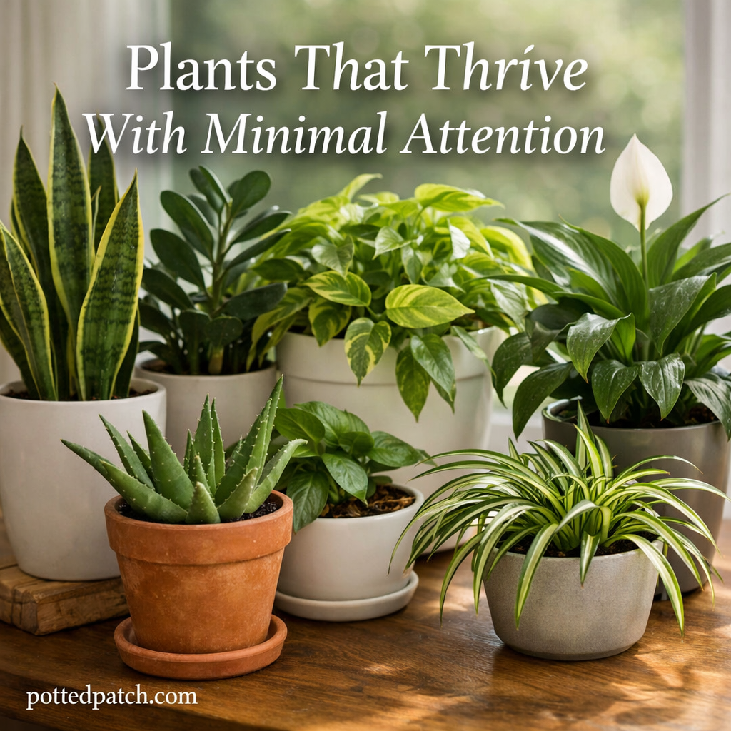 Collection of low-maintenance houseplants including snake plant, pothos, ZZ plant, aloe, peace lily, and spider plant in ceramic pots with overlay title Plants That Thrive With Minimal Attention and pottedpatch.com watermark.