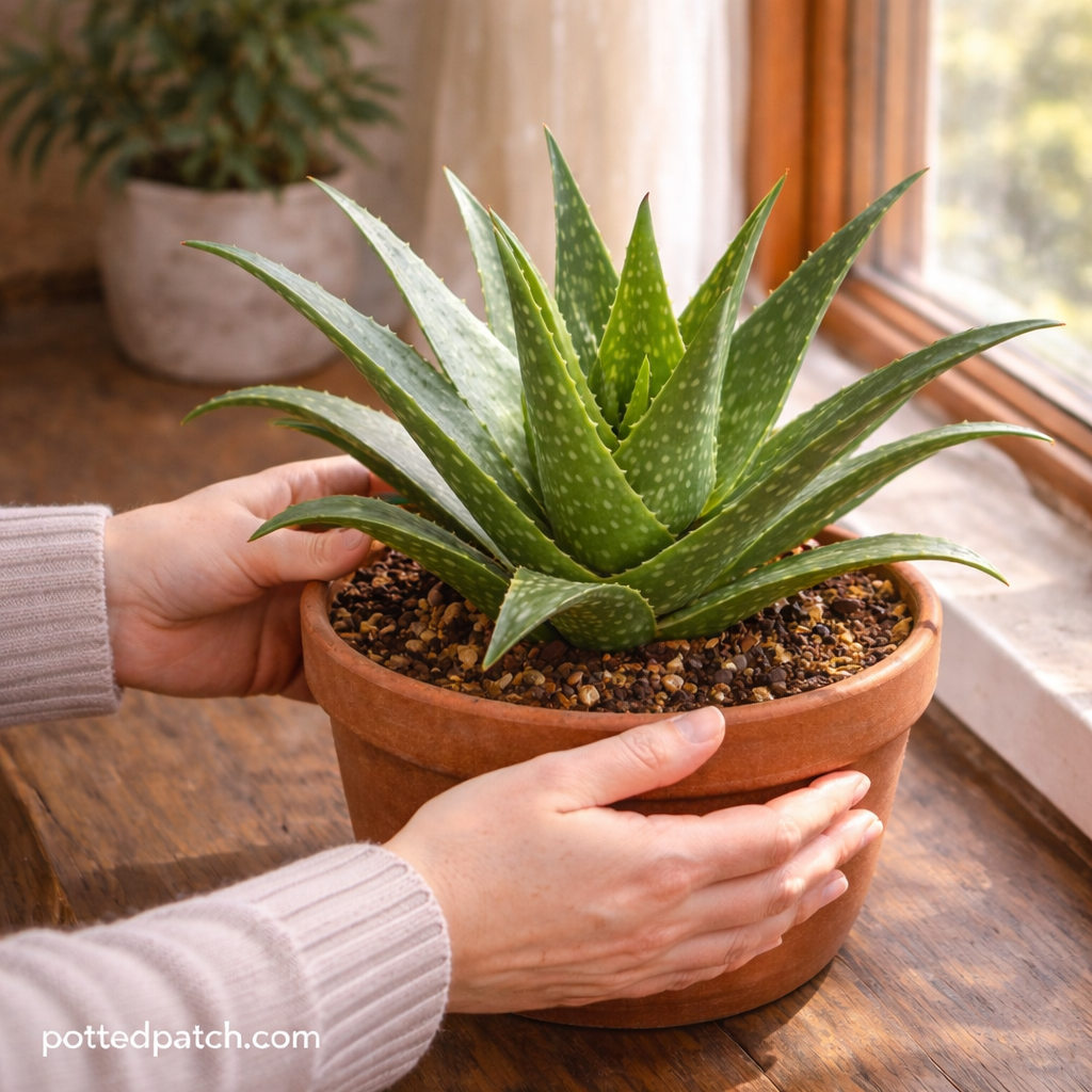 Person adjusting an indoor aloe vera plant in a terracotta pot near a bright window with pottedpatch.com watermark.