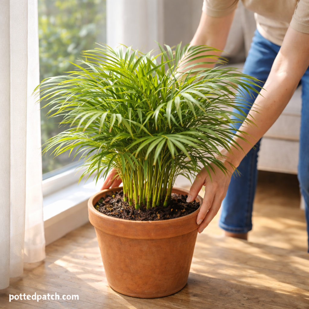 Person adjusting an indoor Areca palm in a terracotta pot near a bright window with filtered sunlight.