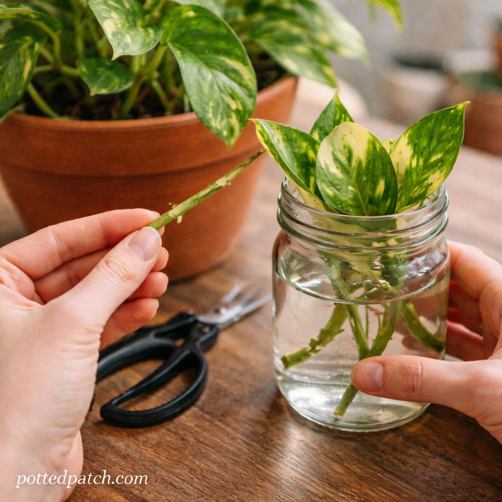Person placing pothos cuttings into a jar of water after pruning to propagate new plants.