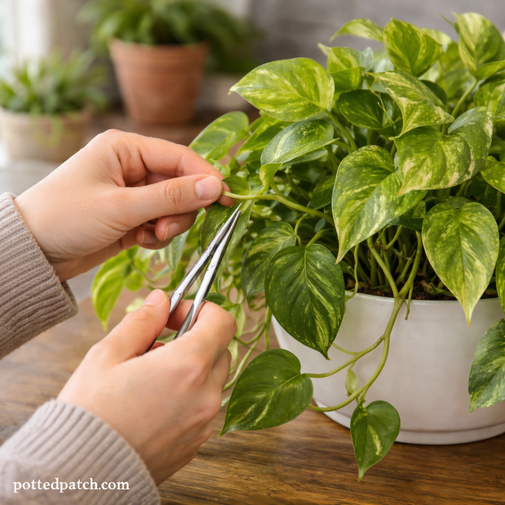 Person pruning a pothos plant by trimming vines to encourage fuller and healthier growth.