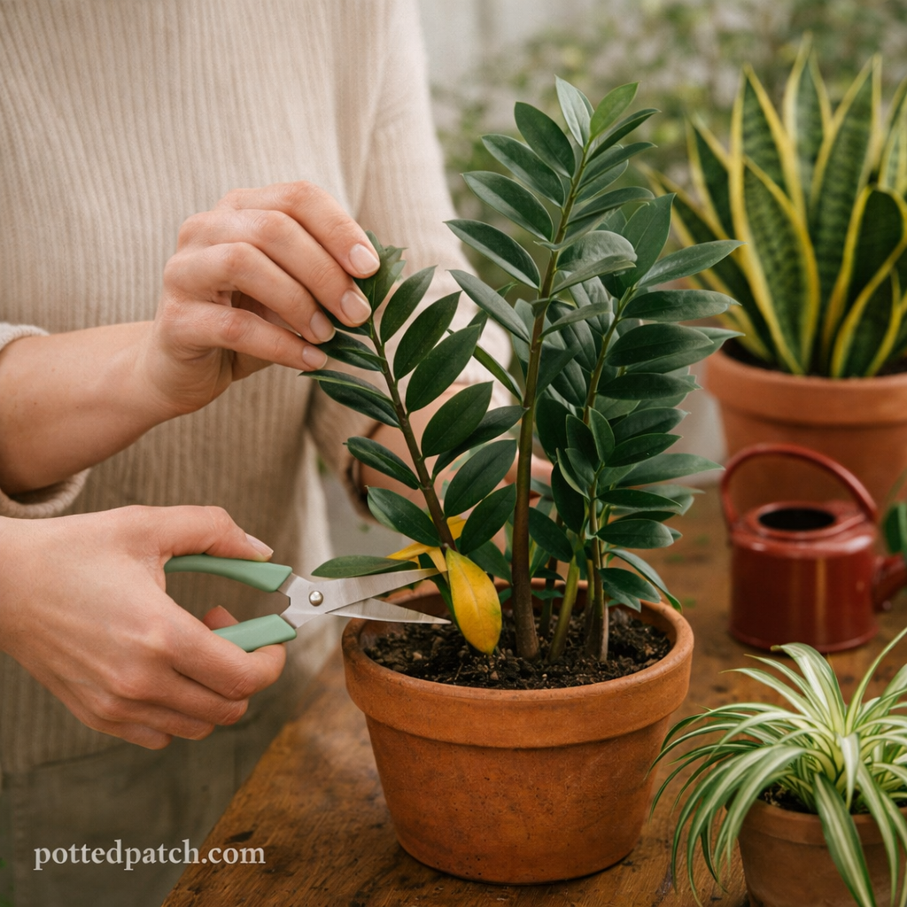 Person trimming a forgiving indoor plant to help it recover from common care mistakes.